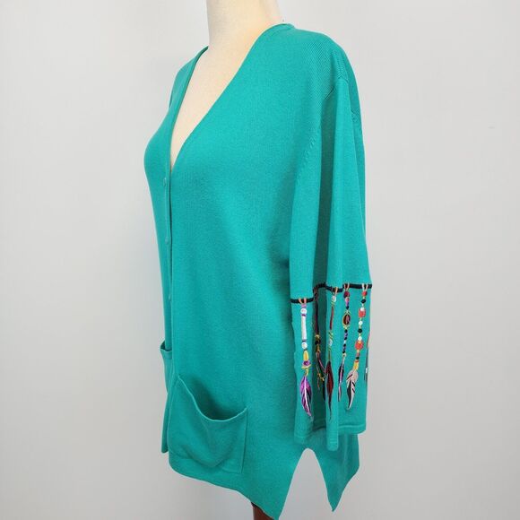 Bob Mackie Wearable Art Cardigan Sweater Size XL Green Dreamcatcher Embroidered - Picture 3 of 16